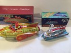 2 Vintage Tin Rocket Ships Schylling Friction   Masudaya Sonicon Racer Pull Back