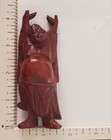 Vintage Carved Wooden Happy  Laughing Buddha Figurine Eyes Teeth Inlaid 4in Tall