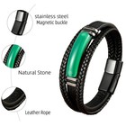 Green Aventurine Stainless Steel Men Bracelet Braided Leather Magnetic Bangle