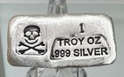 1 Oz Silver Bar Prospector s Gold   Gems Skull   Crossbones Poured 999 Fine Loaf