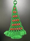 Vintage Macrame Christmas Tree 70s Wall Hanging Green With Red Wood Beads 23 
