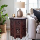 Solid Wood Accent End Table - Hand Carved Vintage Boho Folding Side Table - S   