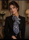Blue Plaid Satin Women s Neck Tie W  Pearl Cameo Brooch  One Size