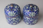 Pair Of  Antique Chinese Famille Rose Blue Ground Porcelain Small Covered Jars