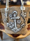 Rare beautiful Brighton Dockside Nautical Floral Leather Applique Straw Tote