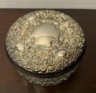 Vintage Vanity Powder Dresser Jar Round Glass Silver Plated Mirror Trinket Box