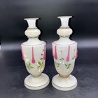 Pair Vintage Victorian 9    White Opaline Blown Glass Vase Hand Painted See Desc