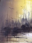 Vtg 1970s Original Mid Century Style Abstract Ocean Sea Boats Painting Signed
