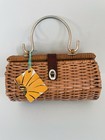 Vintage Handmade Woven Wicker Basket Purse Metal Handle Boho Cottagecore Handbag