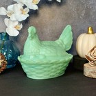 Hen On Nest Chicken Candy Dish  Green Jadeite Glass Depression Style  Vtg Style