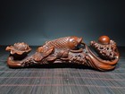 Chinese Boxwood Carving Lotus Flower Fish Statue Wooden Sculpture Desk Decor Art