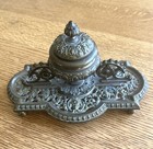 Antique Brass Ink Well  Ornate Brass Inkwell 8in Long With Milk Glass Insert