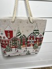 Christmas Holiday Tote Canvas Bag Rope Straps Snowy Buildings 18x15