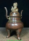 7 4  Old Chinese Bronze Dynasty Lion 2 Ear 3 Leg Incense Burner Censer Statue