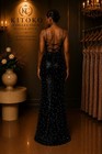 Kitoko Collection Black Sequin Spaghetti Strap Gown High Slit Strappy Back