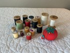 Antique Tomato Pin Cushion With Strawberry   16 Wooden Spools Of Thread