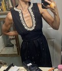 Vintage Dynasty Black Jumpsuit Jeweled Plunge Neck Hostess Gown Palazzo Dress S 