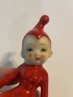 Girl Pixie Elf Vtg Japan Ceramic Christmas Sitting On Holly Leaf Gold Berries