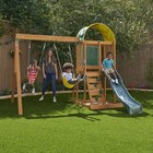 Ainsley Wooden Outdoor Swing Set W  Slide Rock Wall Sandbox Clubhouse Two Seat