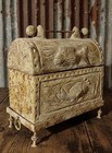 Relief Carved Limestone Reliquary Coffin W lid Iron Base    13   x13   x6       14 3lbs