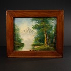 Vintage Signed Original Oil Painting Mountain Lake Landscape Wood Frame 12 