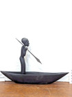 Antique Vintage African Ebony Wood Hand Carved Fisherman W Spear In Boat Angola 