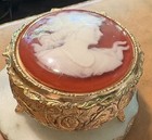 Vintage 3    Round Gold Tone Cameo Top Trinket Jewelry Box Japan Floral Design