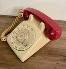 Vintage Rotary Dial Phone Telephone Bell Ivory Red Mcm Desk Retro Landline 1960s