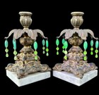 Antique Pair Brass Cast Hollywood Regency Uranium Glass Candlesticks Boudoir