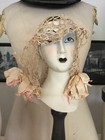 Antique Tatted Lace Baby Doll Bonnet Hat Cap Ecru W pink Ribbon Rosettes As Is
