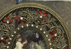 Vintage Oval Ornate Brass Filigree W Rhinestones Photo Picture Frame Holds 2 X 3