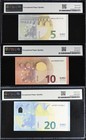 Euro Set 3  5 10 20 Euro 2013 -2015 P 27 28 29 Superb Gem Unc Pmg 67 Epq
