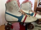 Vintage Roller Derby Quad Roller Skates W Case   Pom Poms Size 8 White Blue Red