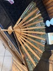 Vintage Style Folding Hand Fan Green Floral Fabric Wood Slats Boho Women