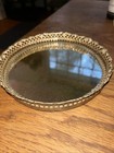 Vintage Gold Filigree Mirrored Vanity Tray Round Ornate Metal Rim 7 5 In