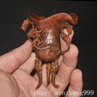 3 4 china Ancient Dynasty Bronze Fengshui Dragon Wine Vessel Goblet Cup Statue