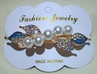 Romantic Bridal Hair Clip Barrette Ab   Blue Rhinestones White Faux Pearl Leaves