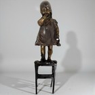 Original Antique Bronze Juan Clara Sculpture Girl Holding Shoe On Chair Signed