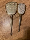 Vintage Vanity Hand Held Gold Tone Metal 13 5 Inch Mirror 10 Inch Brush Set