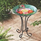 Round Fusion Glass Birdbath With Floral   Bird Design  Metal Stand  Multicolored
