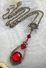 Vintage Necklace Art Nouveau Lavalier Pendant W  Red Antique Czech Glass