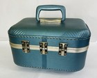 Vintage Trojan Type Hard Shell Suitcase Blue Retro Luggage Train Case- Key