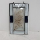 Vintage Stained Glass Leaded Framed Hanging Panel Pressed Leaves 9x6    Blue White