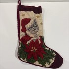 Vtg Gray Cat Wool Needlepoint Christmas Stocking Red Velvet Backing Stars 15   