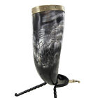 Medieval Fenrir Viking Handmade Warrior Drinking Horn   Metal Stand Set
