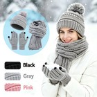 3pcs Set Winter Knit Beanie Hat Scarf Gloves Women Touchscreen Mitten Warm