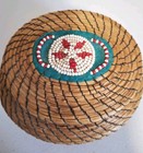 Vntg Small Round Shape Pine Needle Basket W lid Handcrafted Beaded Accents