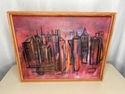 Vtg Abstract Painting Franz Landscape Signed 12x 15   Mcm Framed Wood Urban City
