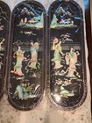 4 Vintage Asian Oriental Mother Of Pearl Black Lacquer Wall Art Plaque Panels 