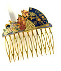 Cloisonn   Enamel Hair Comb Pair Lotus Fan Design Gilt Blue Floral Oriental Vtg